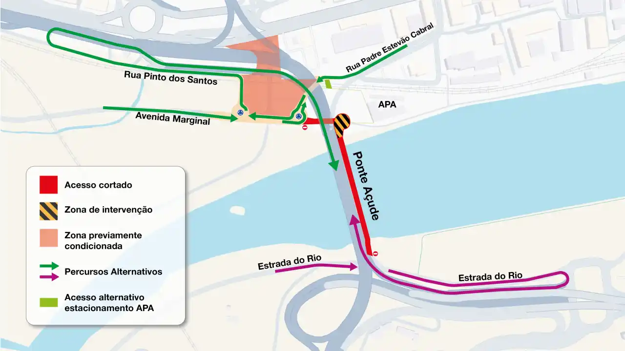 Corte do trânsito rodoviário no tabuleiro inferior da Ponte Açude